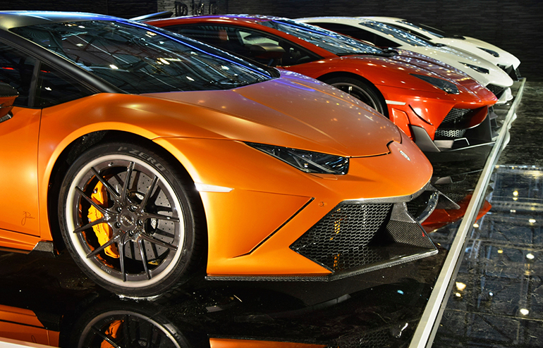 Lamborghini in a row on the motor show